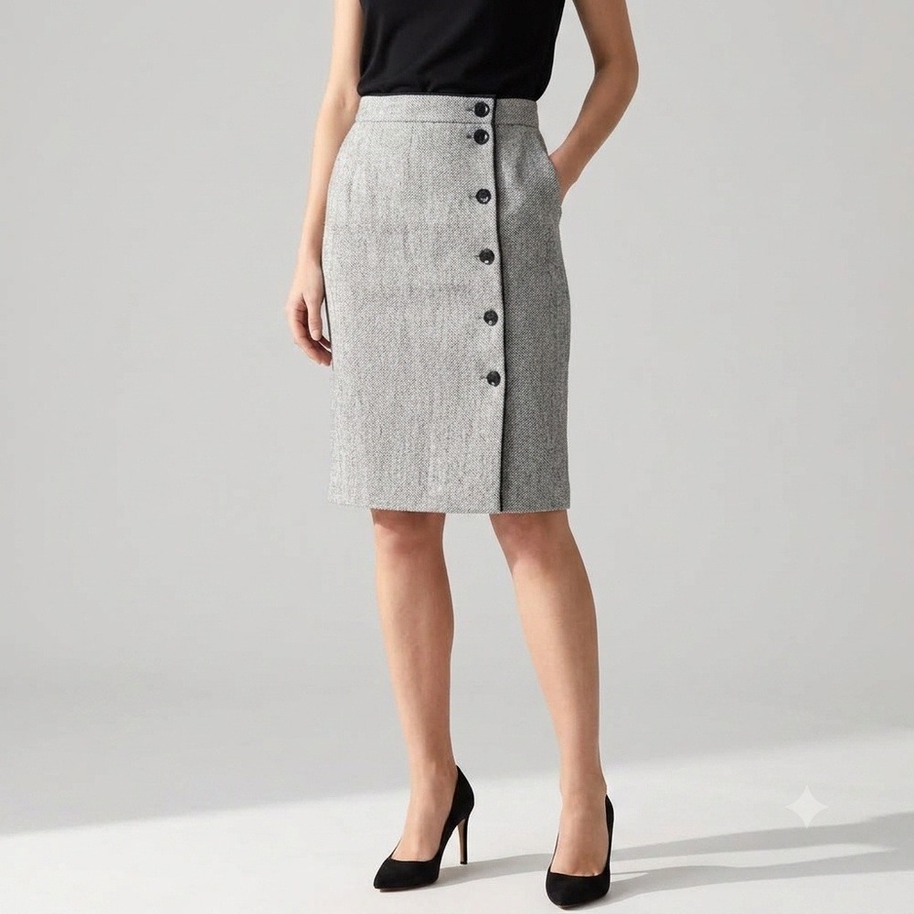 H&M Pencil Skirt Women 6 Grey Herringbone Button Accent Faux Wrap Lined